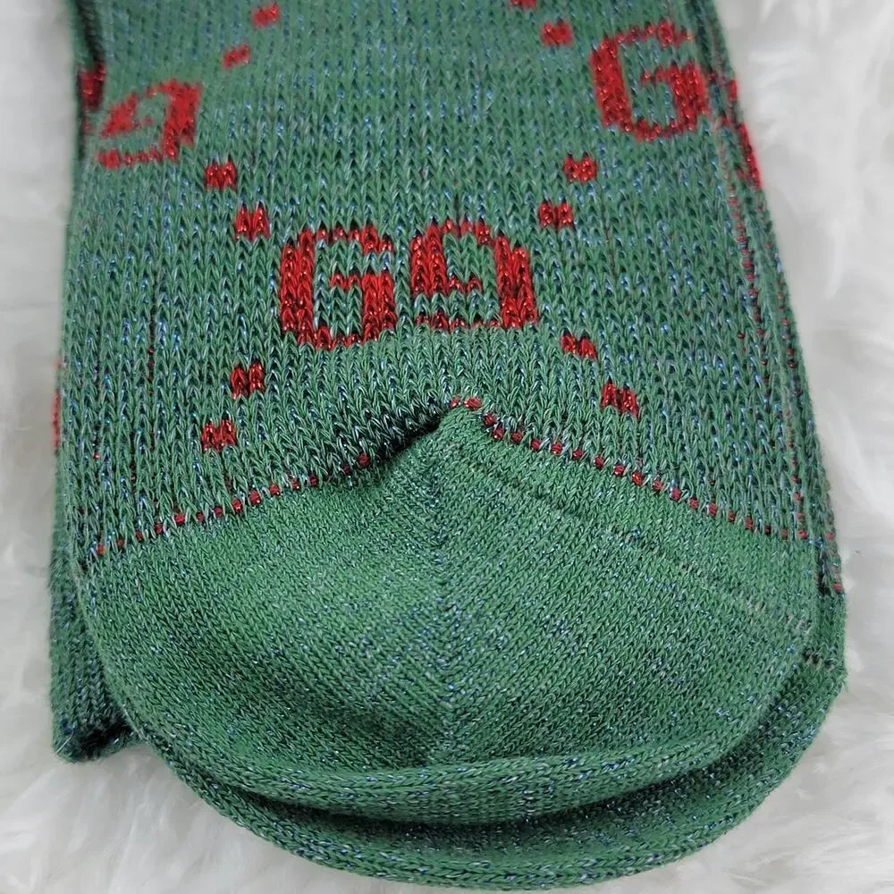 Gucci Crew Socks Unisex GG Logo Metallic 100% Authentic Green Red Luxury New
